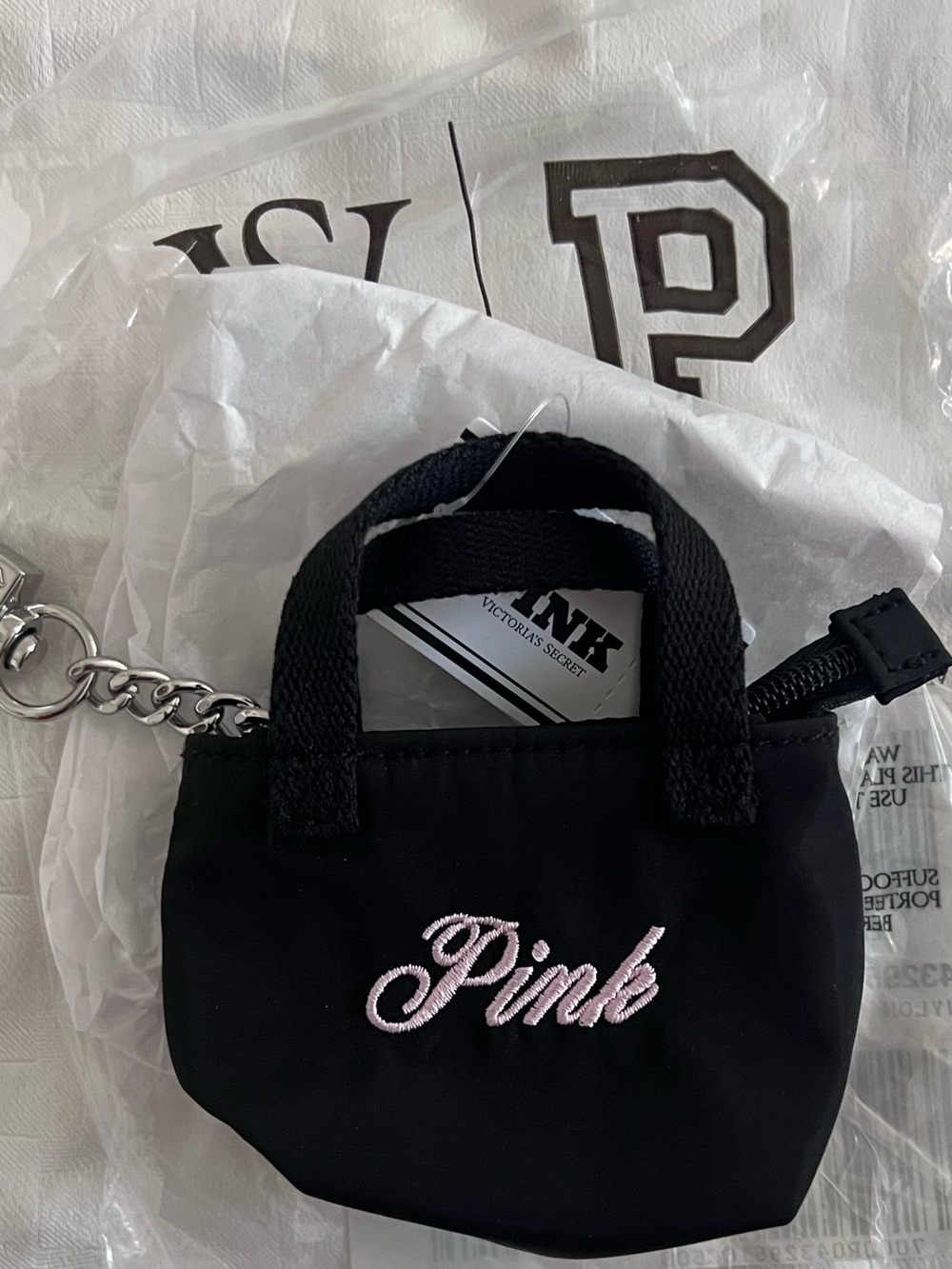 PINK Victoria's Secret Black Mini zippered Tote Keychain embroidered logo NWT